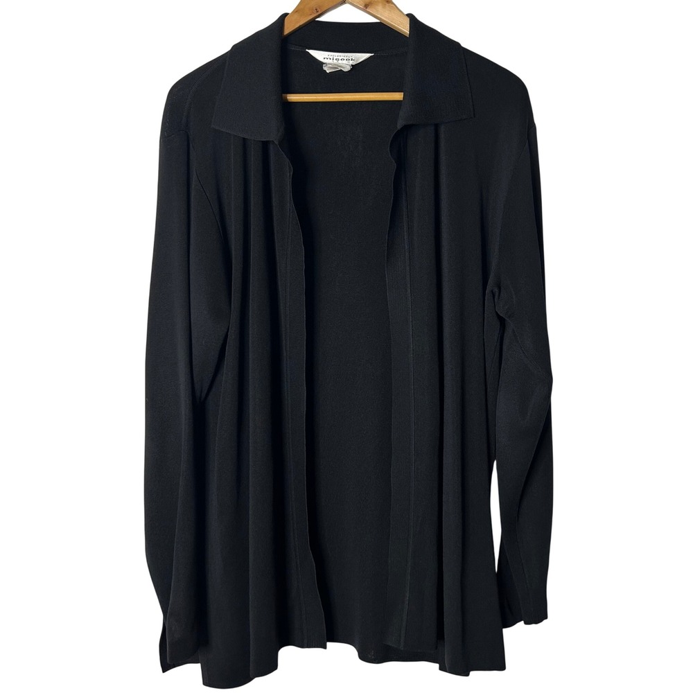Misook Black Knit Cardigan Sweater Sz L Long Sleeve Collared Open Front Vintage